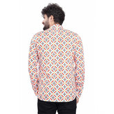 Multicolor printed cotton blended men's short kurta with mandarin neck and full sleeves